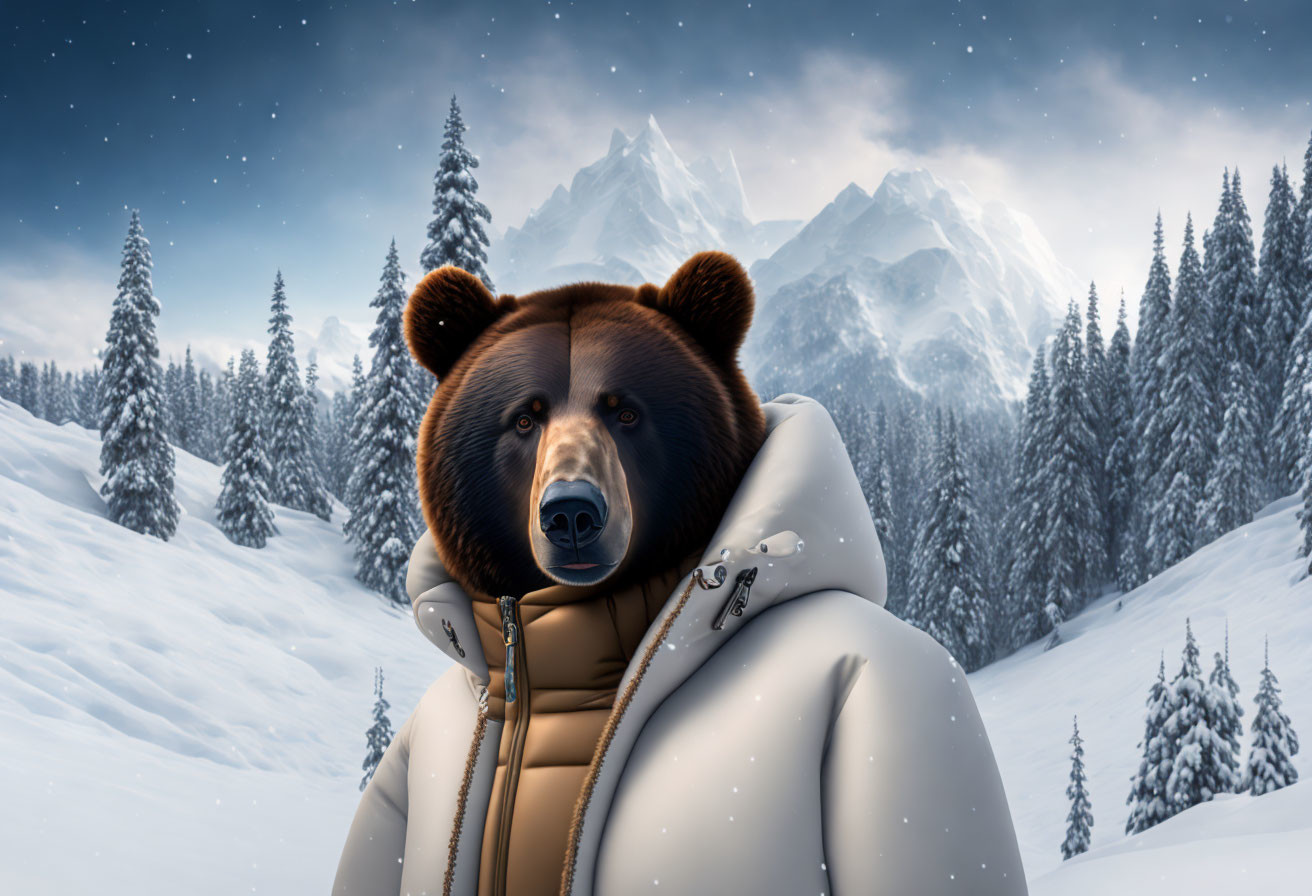 Bear with human body in white winter jacket in snowy landscape.