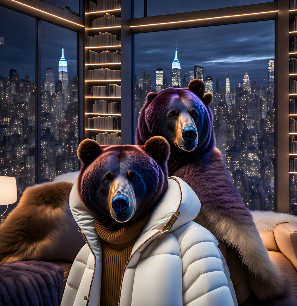 Two bears in stylish jackets sit indoors by a window with a city skyline view.