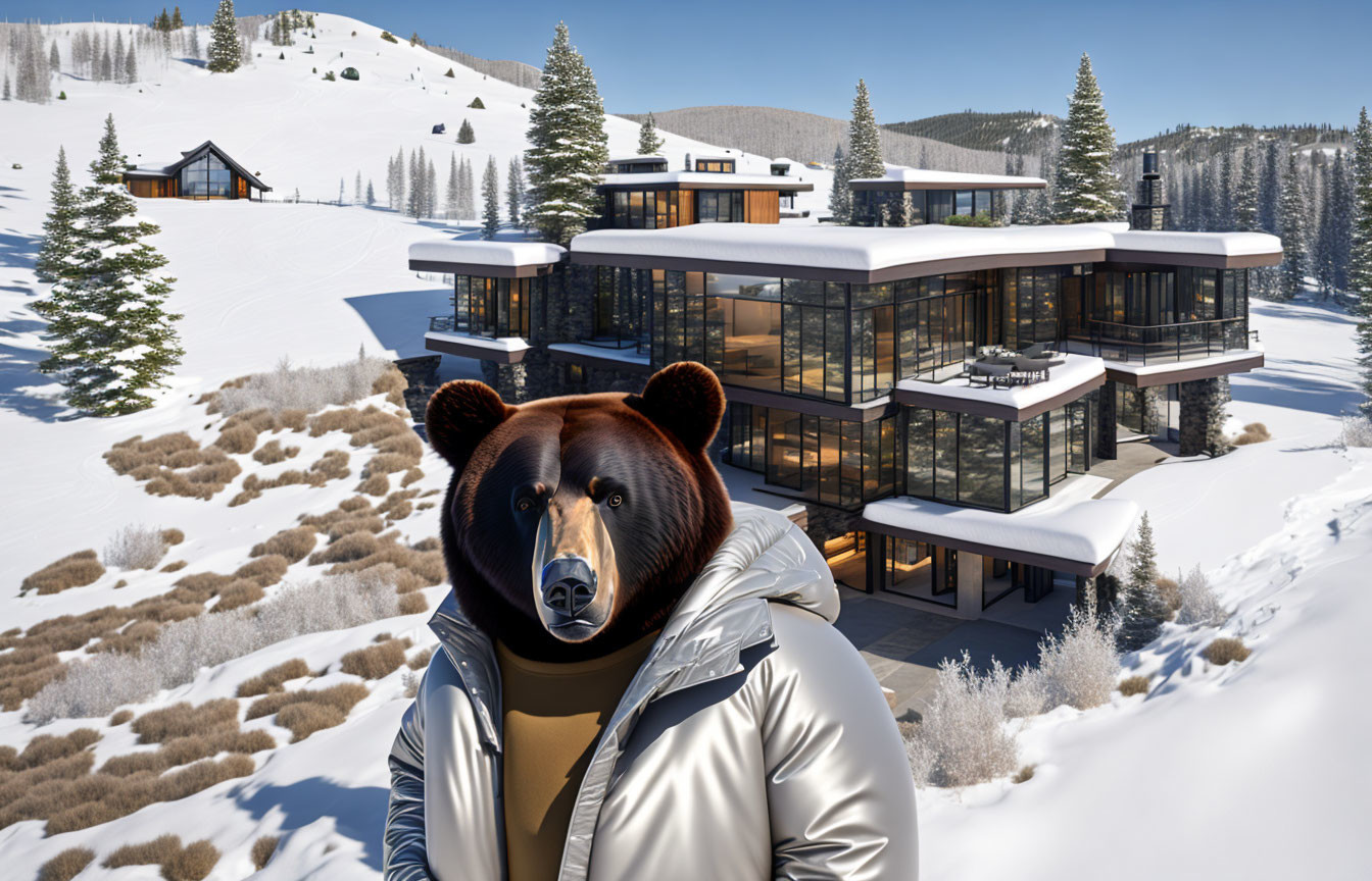 Bear in Jacket in Snowy Landscape with Modern House