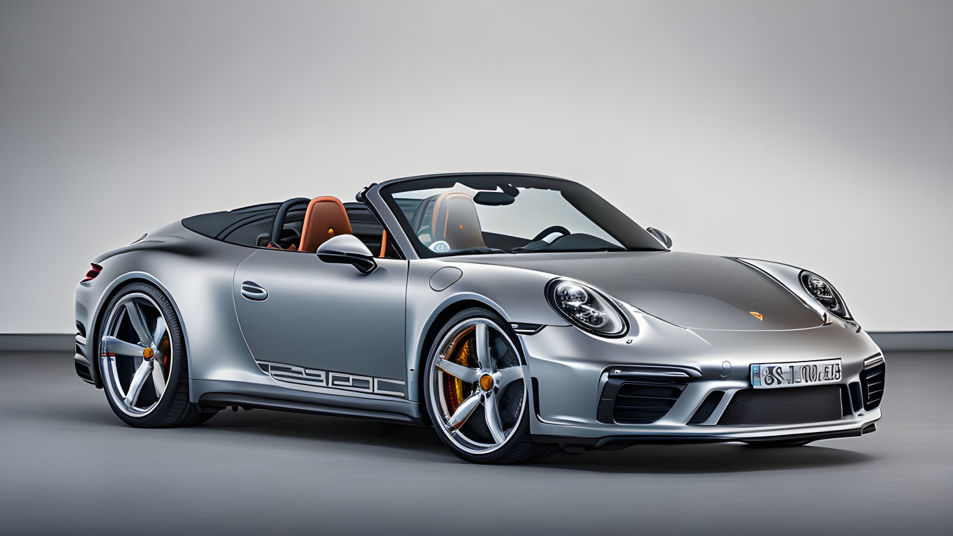 Silver Porsche 911 Convertible with Orange Interior and Large Alloy Wheels