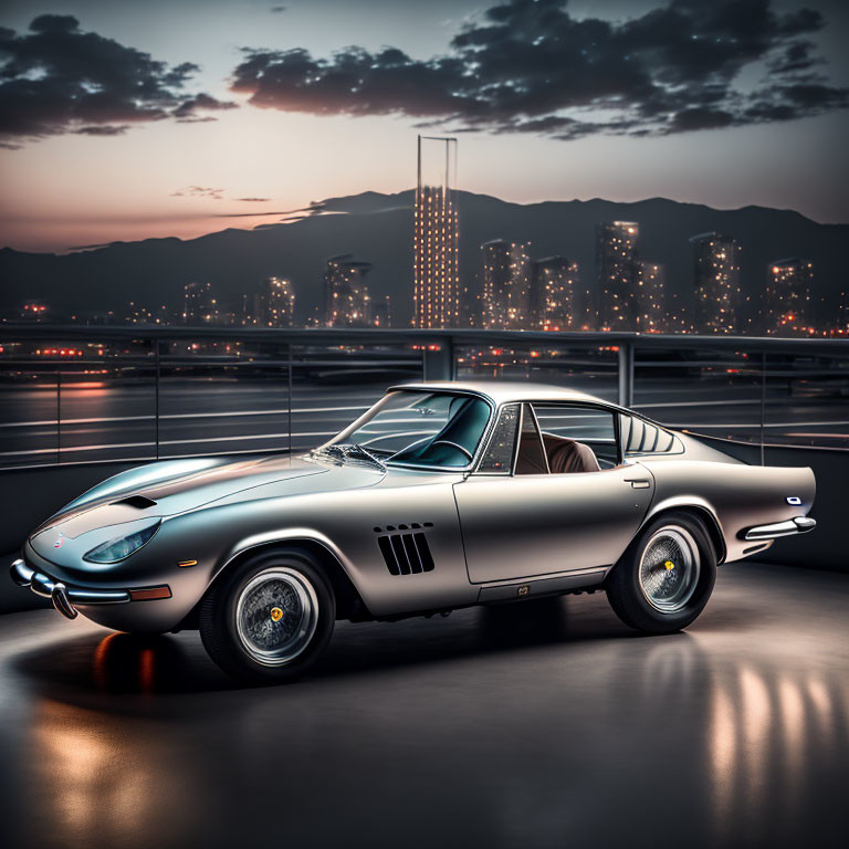 Silver sports car on rooftop with city skyline at dusk