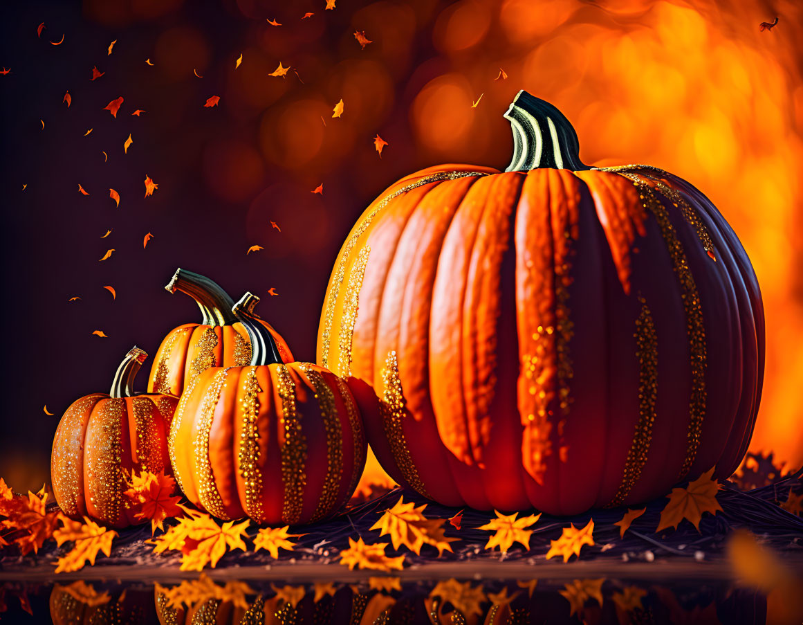 Ornate Pumpkins Amid Falling Leaves in Autumn Setting