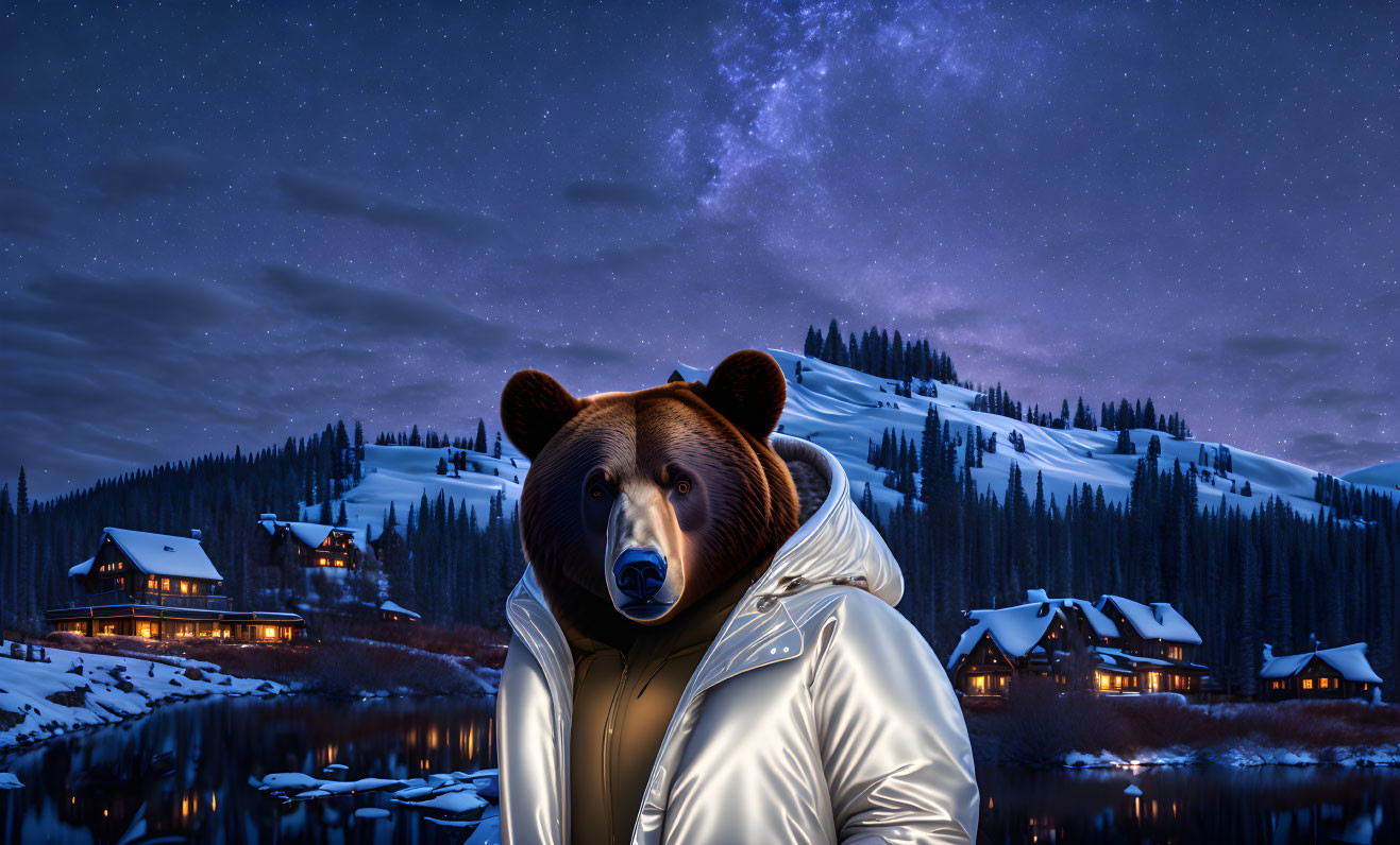 Bear with human body in white jacket in snowy mountain landscape with cozy cabins under starry night sky