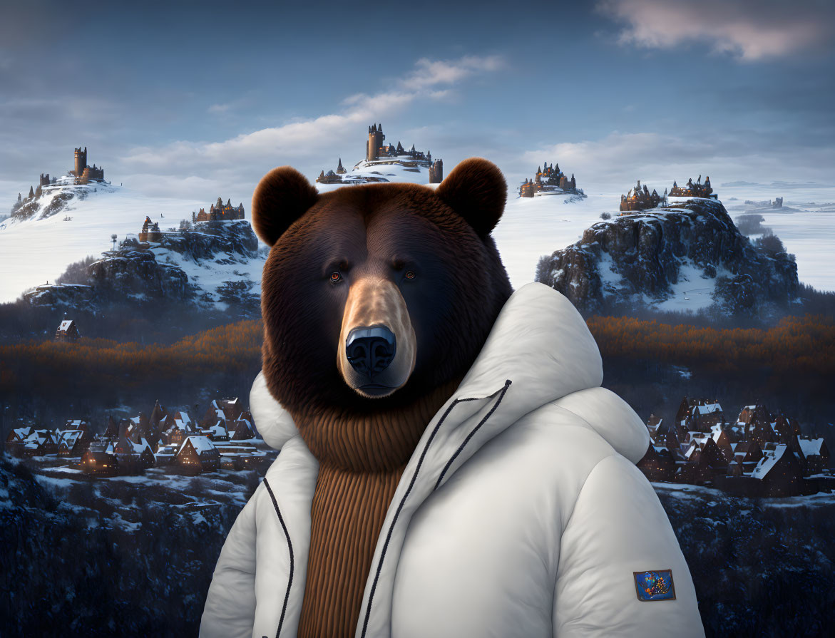 Bear with human body in white jacket in snowy landscape with castles.