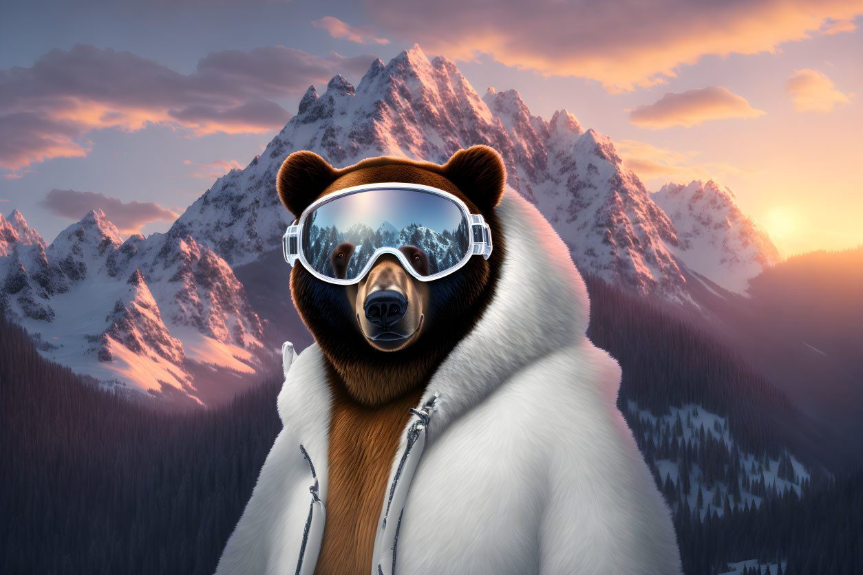 Bear in ski goggles and white jacket in snowy mountain sunrise