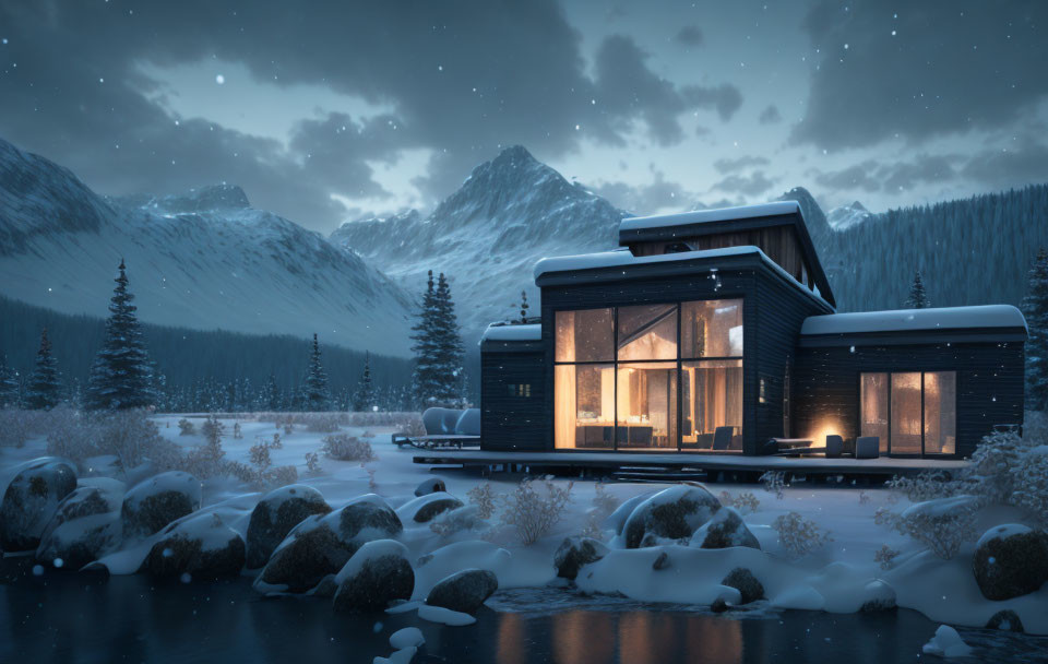 Contemporary house interior by snowy riverbank at dusk