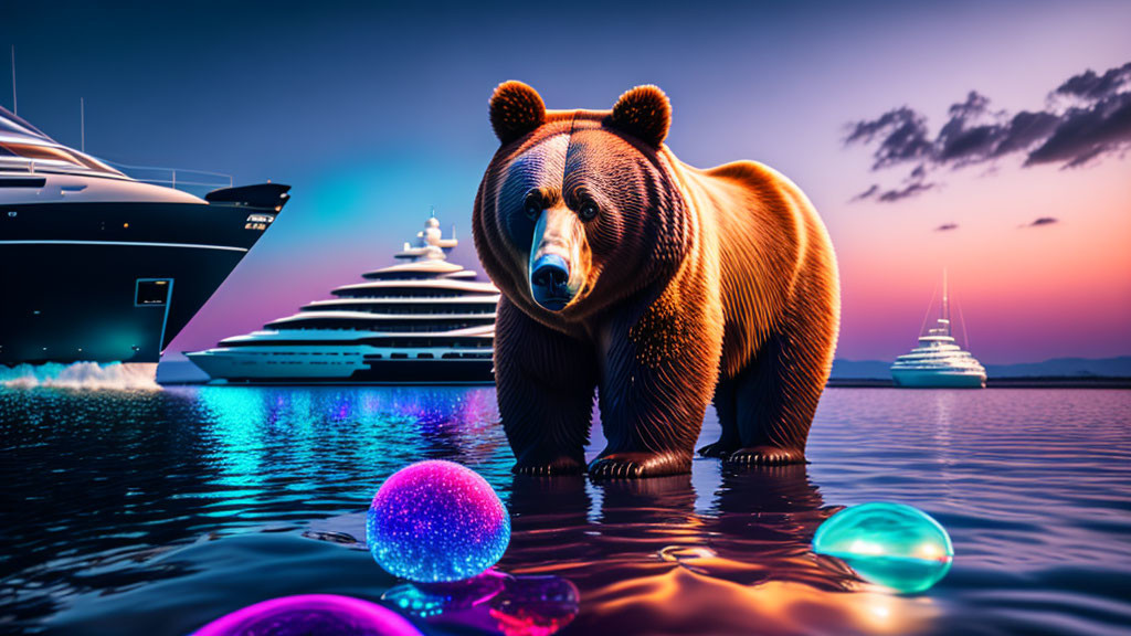 Brown Bear Standing in Water with Colorful Orbs at Sunset and Luxury Yachts in Background