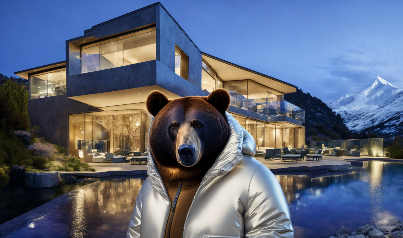 Bear with human body in silver puffer jacket at modern glass house with pool, twilight mountains.