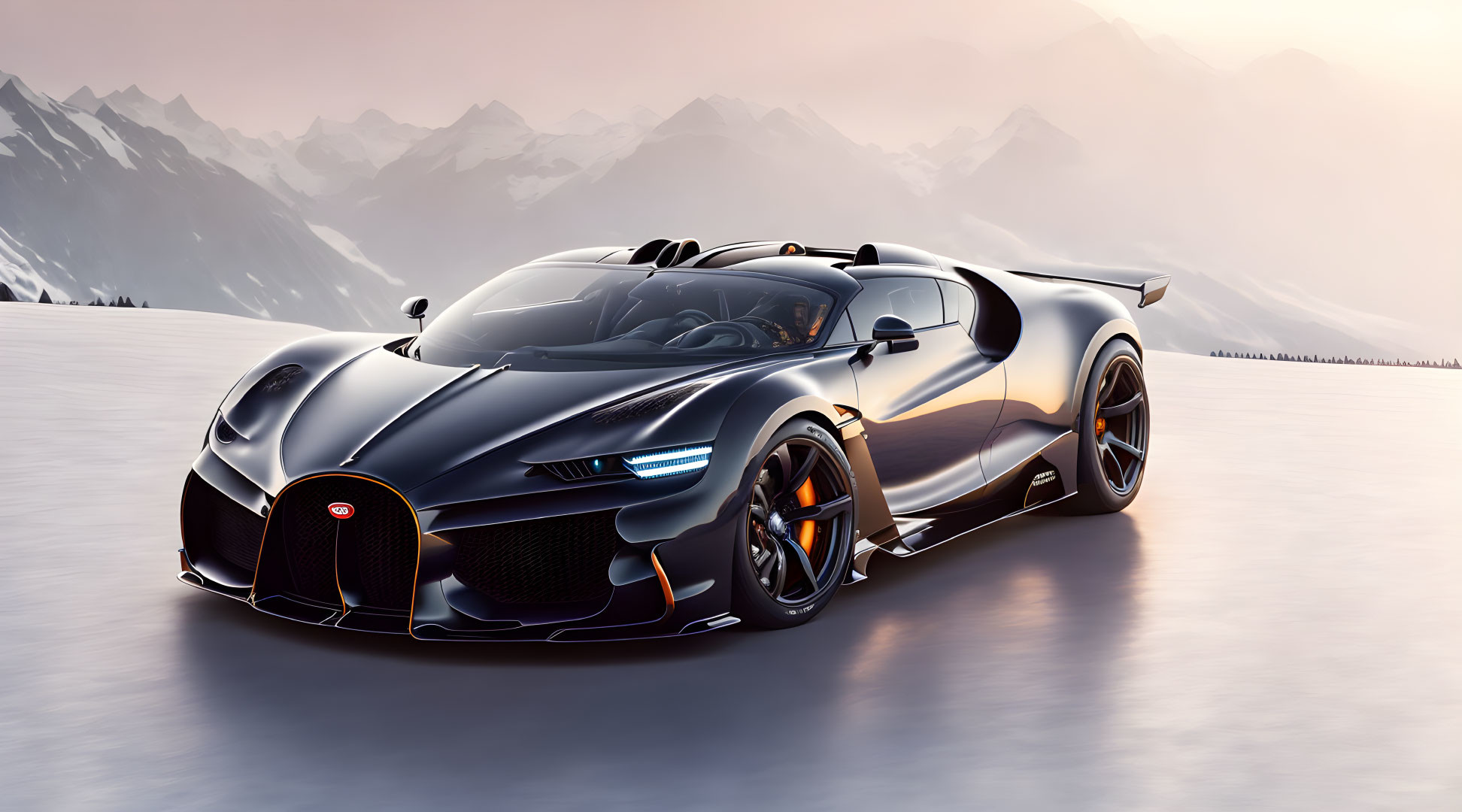 Black Sports Car with Orange Accents Against Snowy Mountain Backdrop