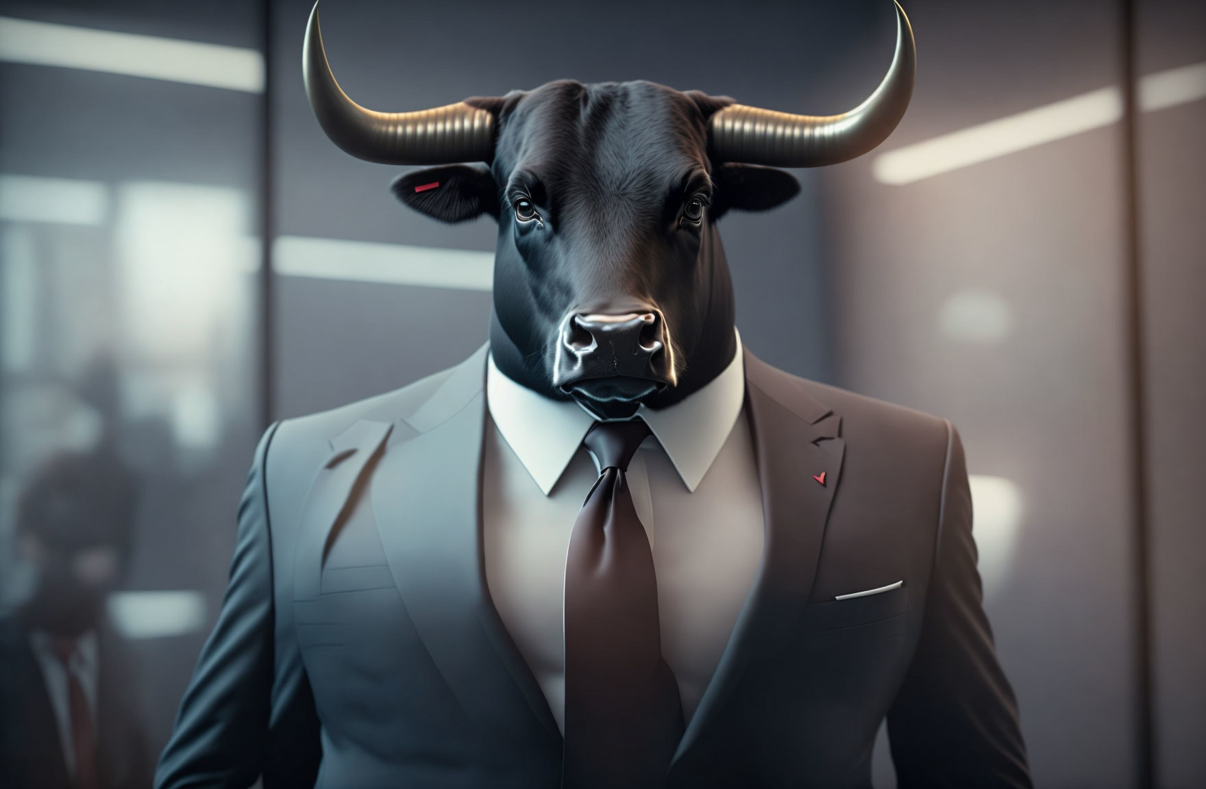 Bull-headed humanoid in suit and tie in modern office setting