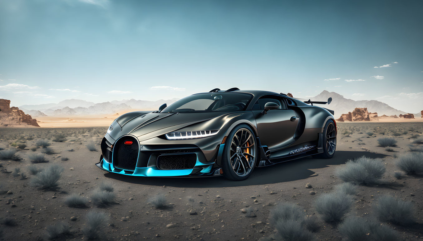 Black Bugatti Chiron Super Sport with Blue Accents in Desert Landscape