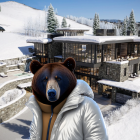 Bear in Jacket in Snowy Landscape with Modern House