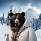 Bear with human body in white winter jacket in snowy landscape.