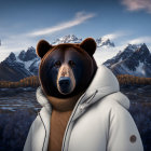 Bear with human body in white jacket in snowy landscape with castles.