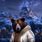 Bear in white jacket in front of ancient castle under starry snowy sky