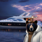 Brown Bear Standing in Water with Colorful Orbs at Sunset and Luxury Yachts in Background