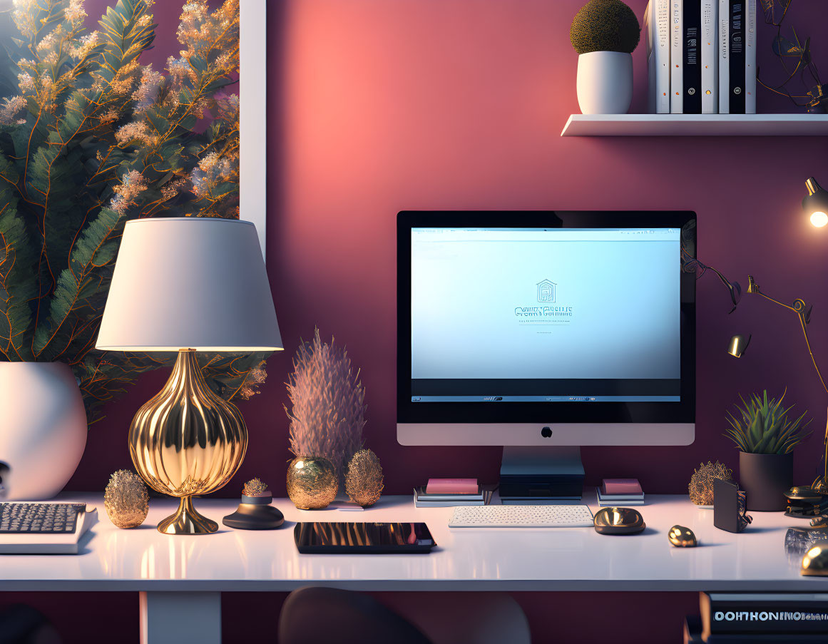 Desk workspace with computer, plants, books, lamp, stationery on pink wall