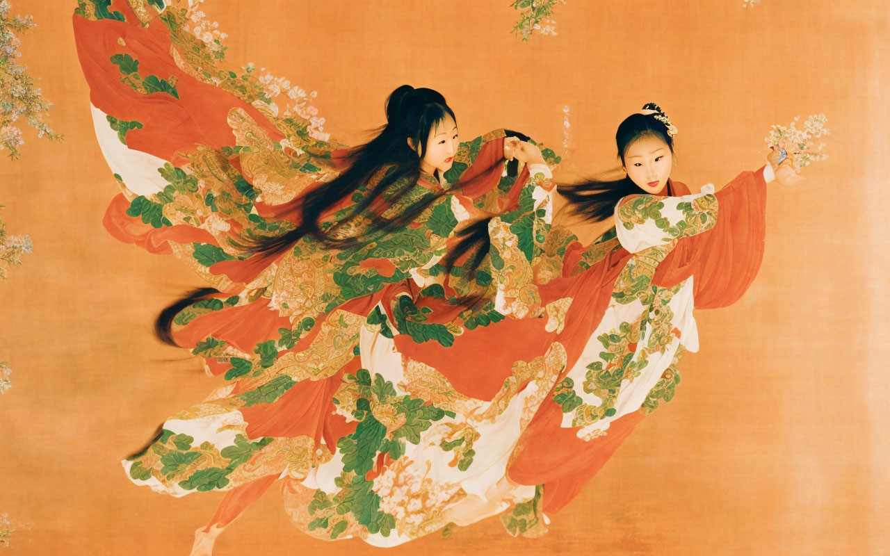 Traditional Kimono-Clad Women in Floral Patterns Movement