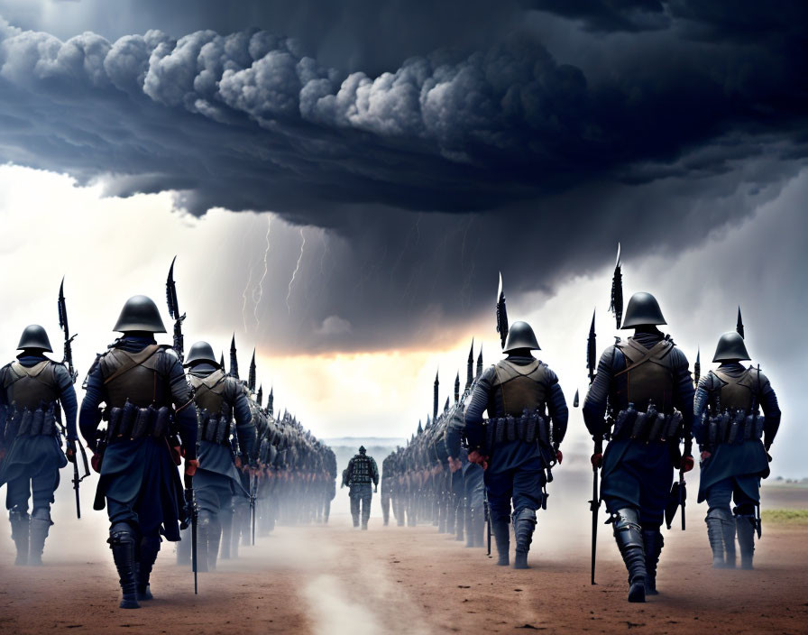 Medieval army in armor marches under stormy sky with lightning.