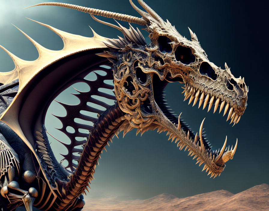 Intricate dragon with bone structure and scales in barren landscape