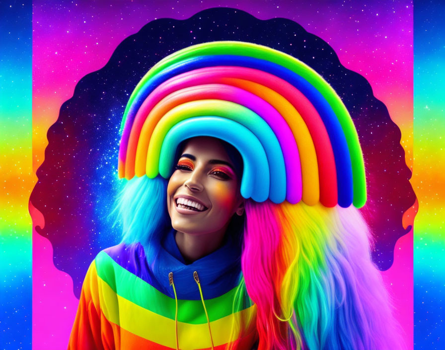 Colorful portrait of smiling person with rainbow hair and hoodie in space.