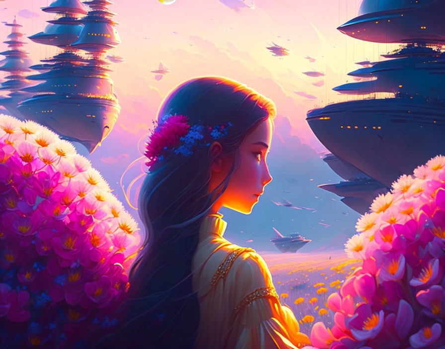 Profile of woman with flowers in hair looking at futuristic cities and glowing flora at sunset