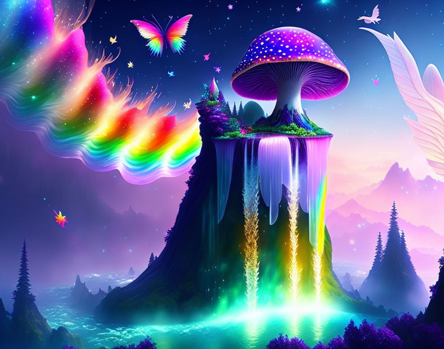 Colorful Fantasy Landscape with Glowing Mushroom Structure and Waterfalls