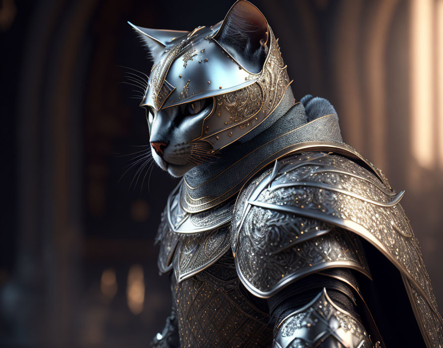 Intricately armored cat poses in grand, dimly lit hall