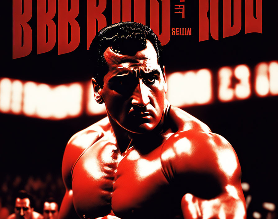 Muscular boxer in the ring with bold red text and dramatic atmosphere