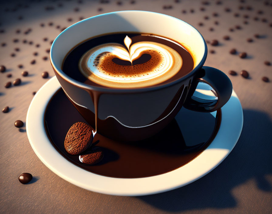 Heart-shaped latte art on a cup of coffee with scattered beans on a saucer