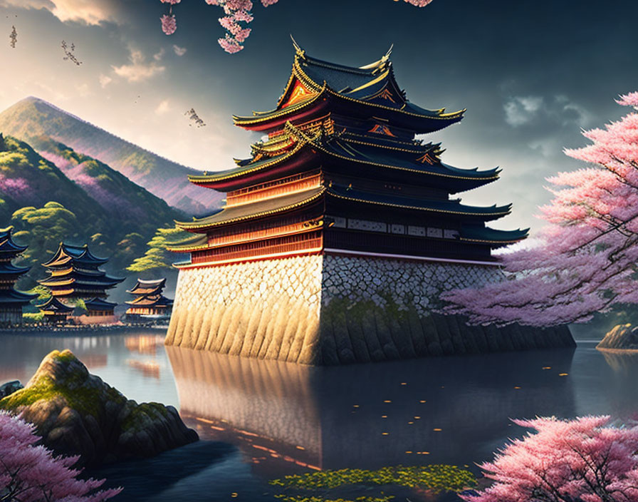 Japanese Castle Surrounded by Cherry Blossoms and Lake