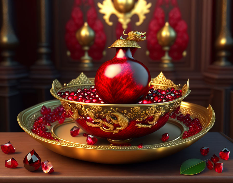 Golden dragon-themed bowl with pomegranate seeds and ornate fruit on regal background