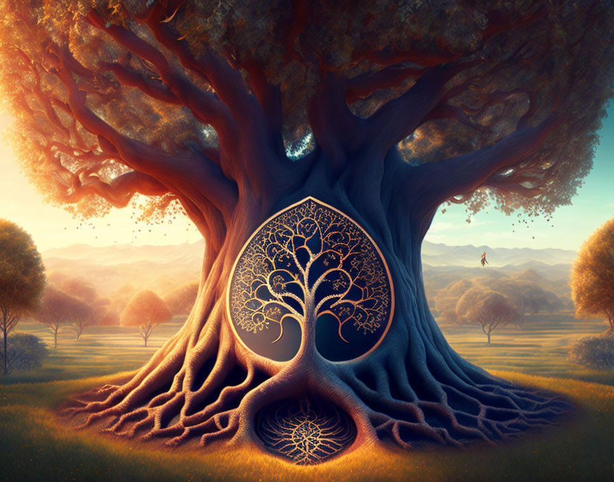 Majestic tree with circular portal in mystical landscape