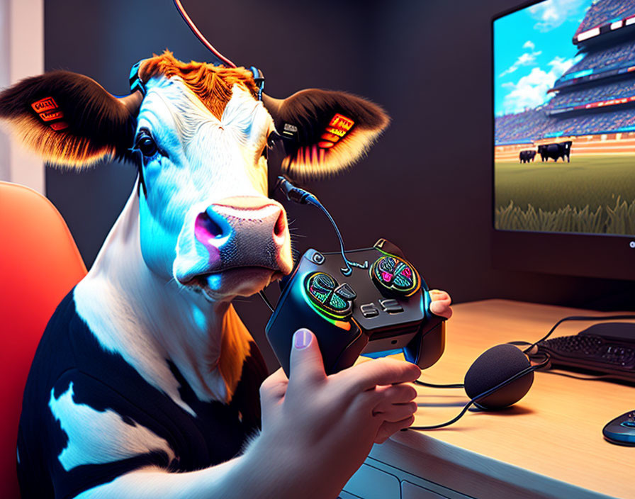 Cow playing soccer video game in red and blue lit room