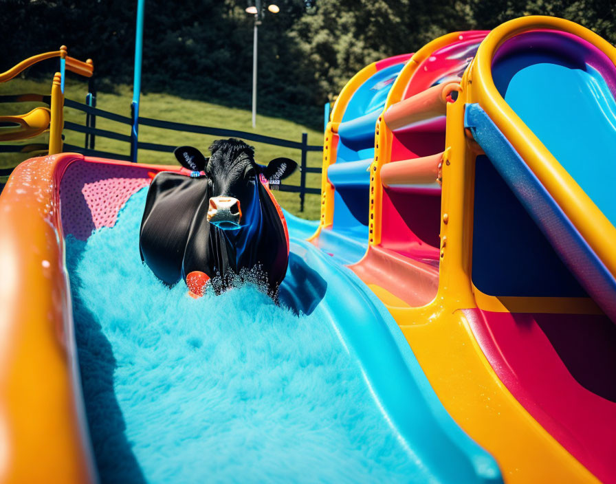 Colorful Playground Slide with Inflatable Cow Toy