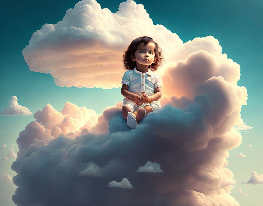 Child Sitting on Fluffy Clouds Under Blue Sky