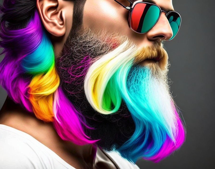 Person with Rainbow-Colored Beard and Sunglasses Profile View