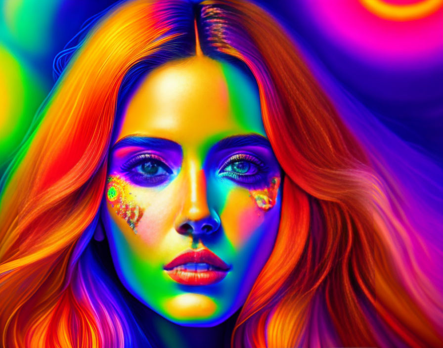 Colorful portrait of woman with psychedelic patterns and flowing hair.