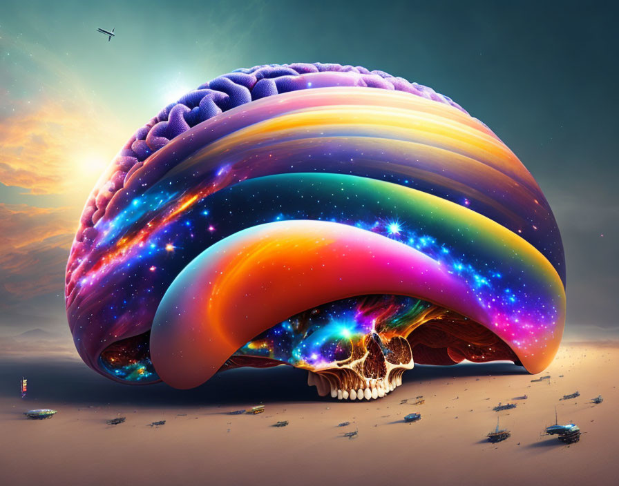 Colorful cosmic wave with skull in desert landscape with plane in sky