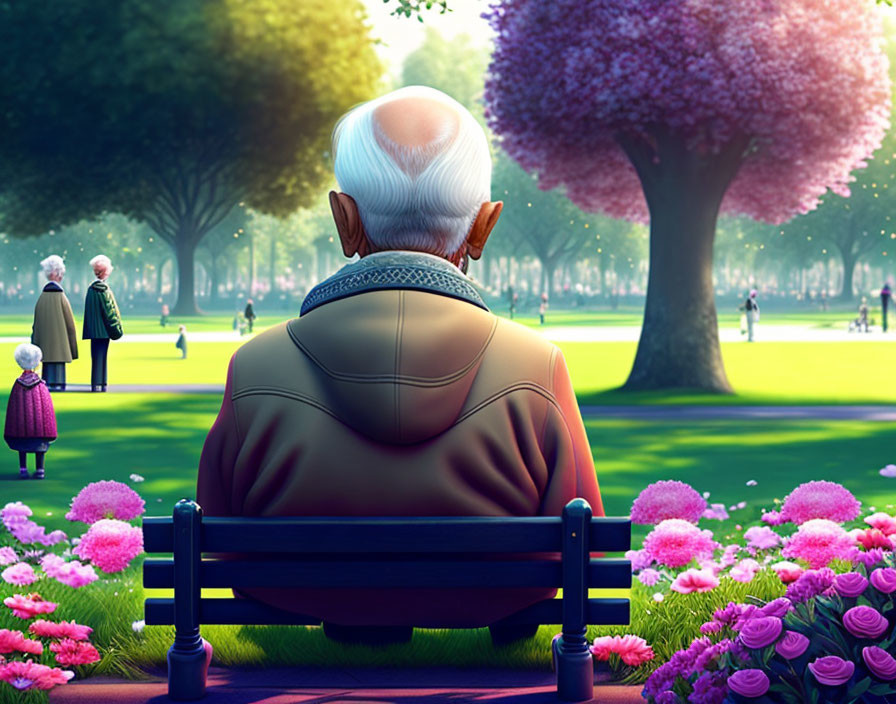 Elderly person on park bench admiring vibrant landscape