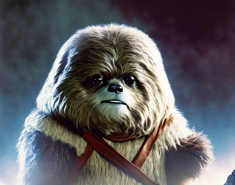 Detailed portrait of furry Wookiee with expressive eyes and bandolier strap