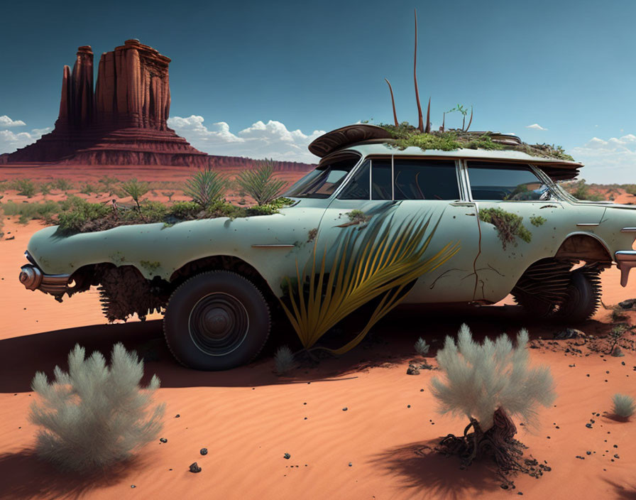 Vintage Station Wagon Overgrown with Plants in Desert Landscape