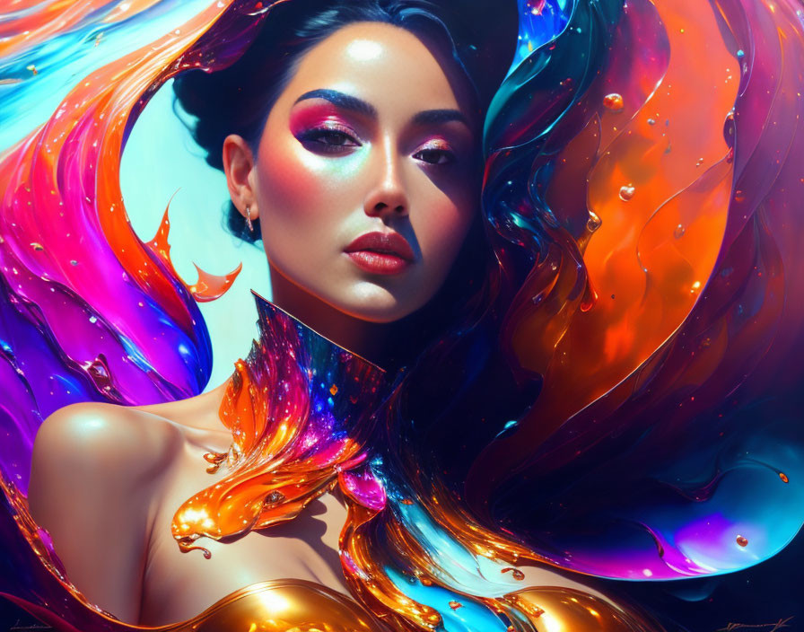 Vibrant digital artwork of woman with flowing liquid-like hair in blues, purples, and
