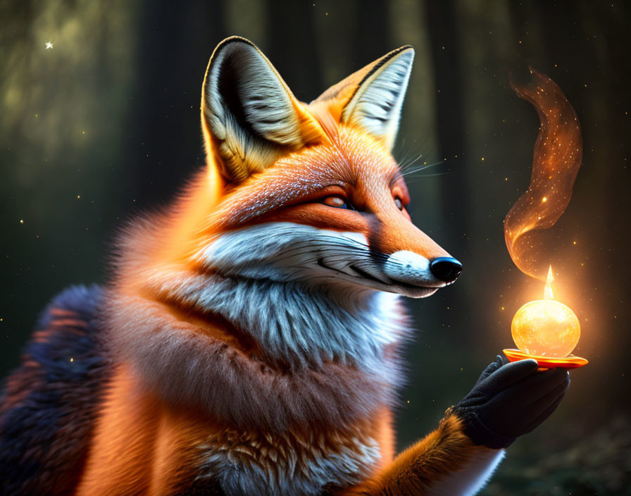 Vibrant mystical fox with glowing orb in dark forest