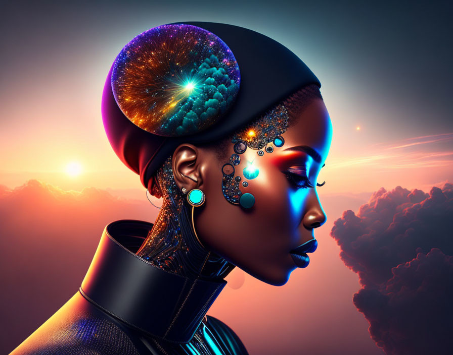 Stylized woman with cosmic makeup and headpiece against sunset sky