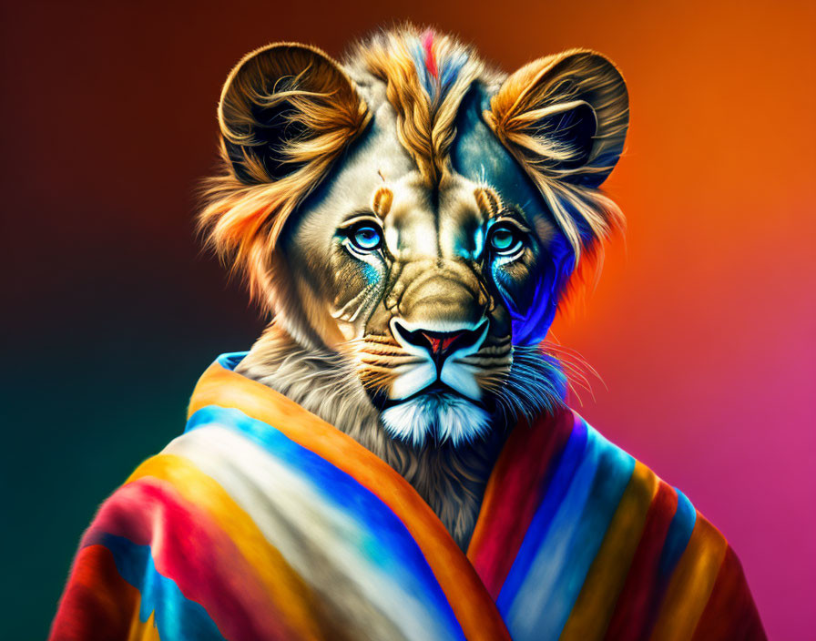 Colorful Stylized Lion Portrait with Blue Eyes and Multicolored Cloth