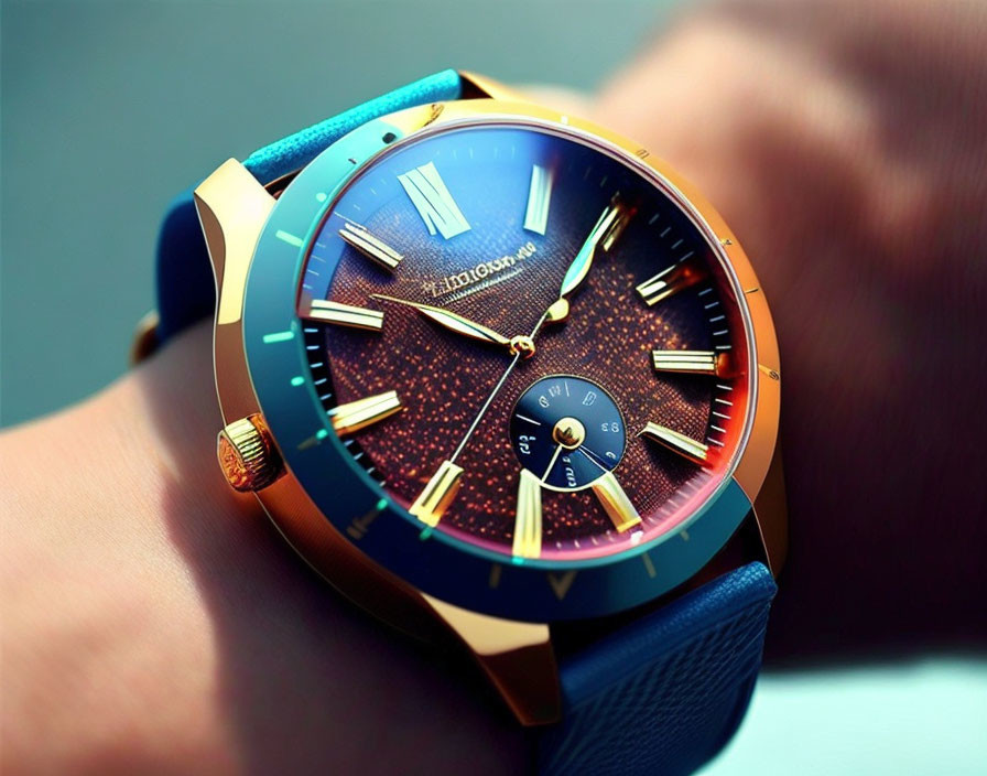 Blue Strap Luxury Wristwatch with Gold Accents and Subdial