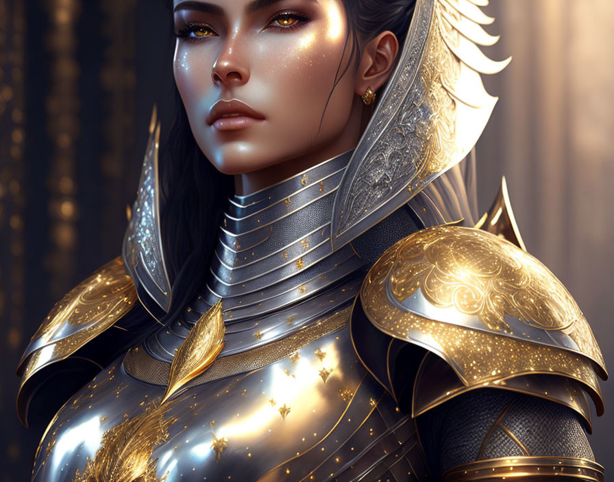 Digital artwork: Woman in ornate golden armor with celestial motifs