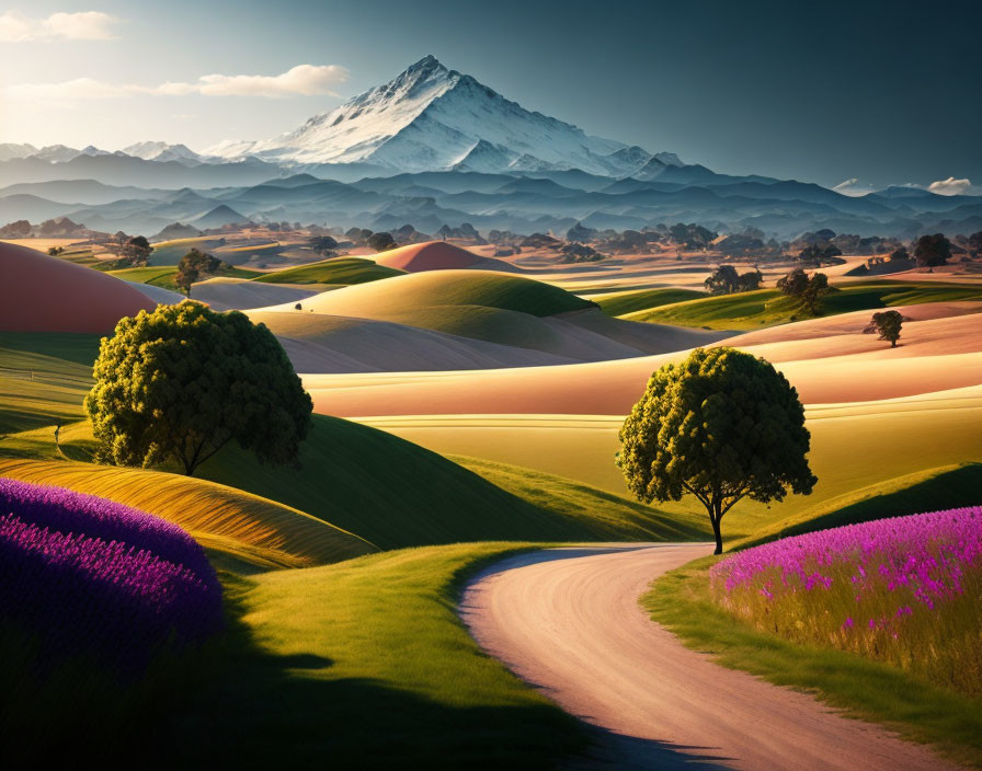 Scenic winding road through colorful hills with lavender fields and snowy mountain