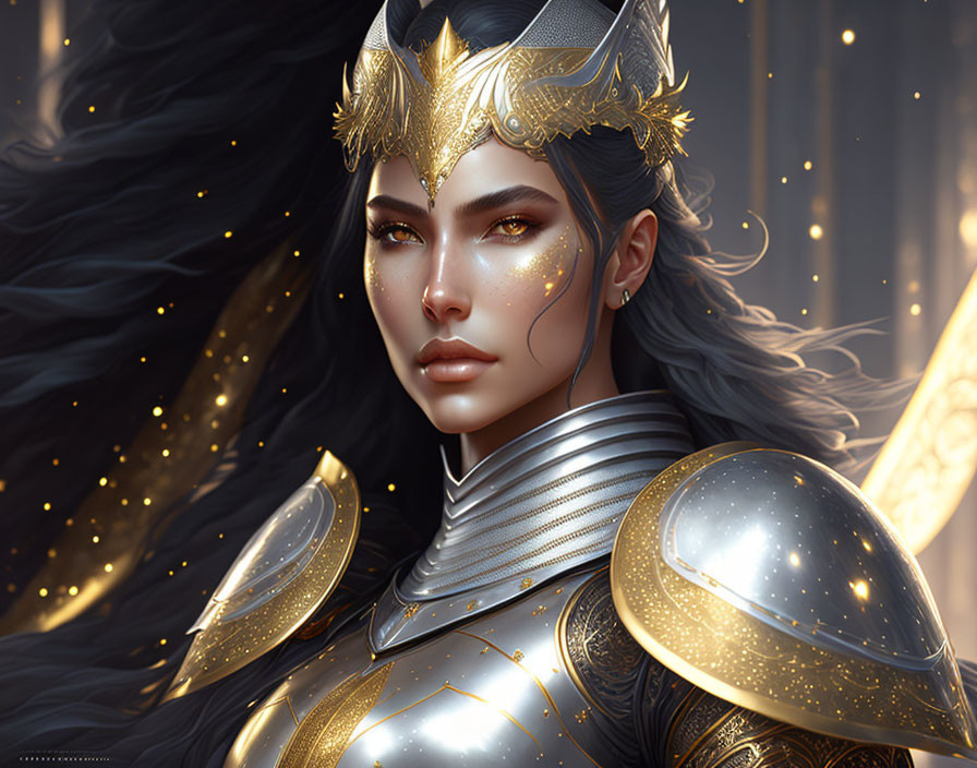 Female warrior in celestial armor with golden crown and glowing spear